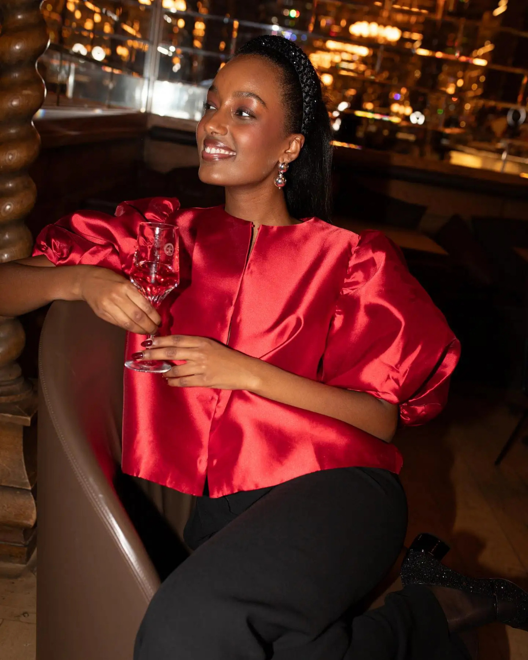 Diana Tricot Satin Pouf Sleeve Blouse