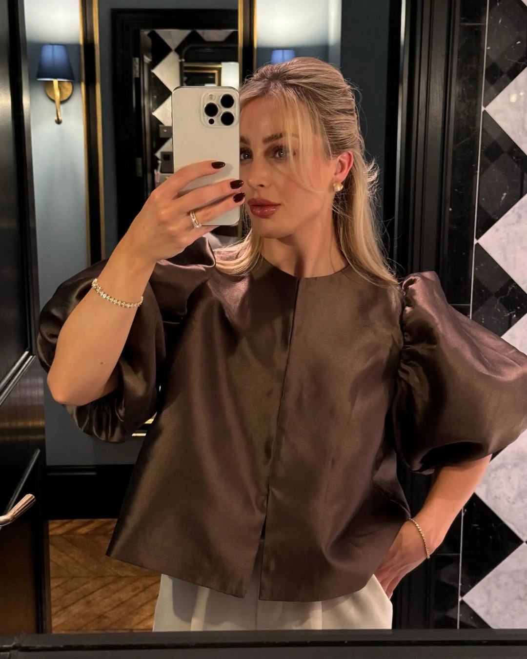 Diana Tricot Satin Pouf Sleeve Blouse