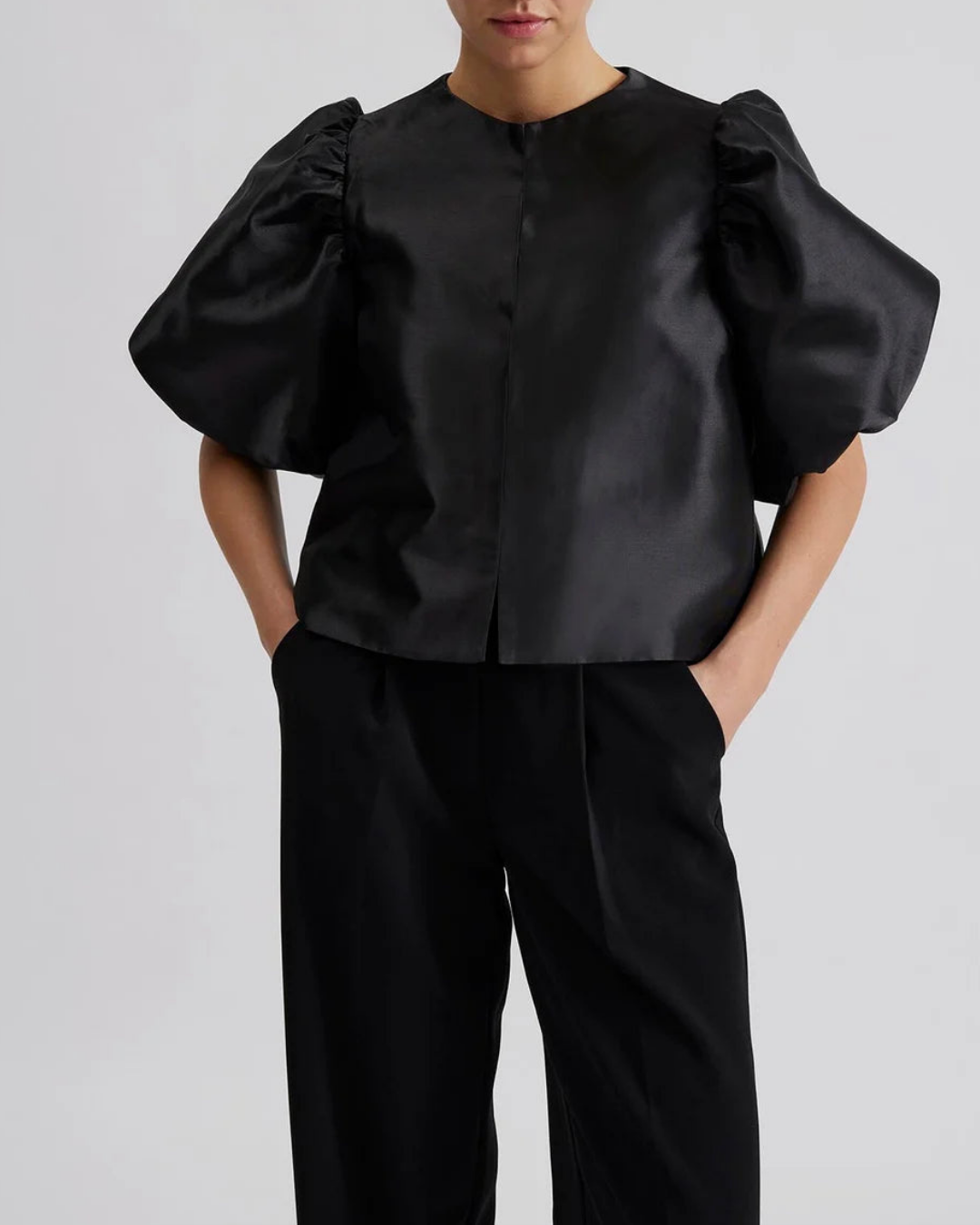 Diana Tricot Satin Pouf Sleeve Blouse