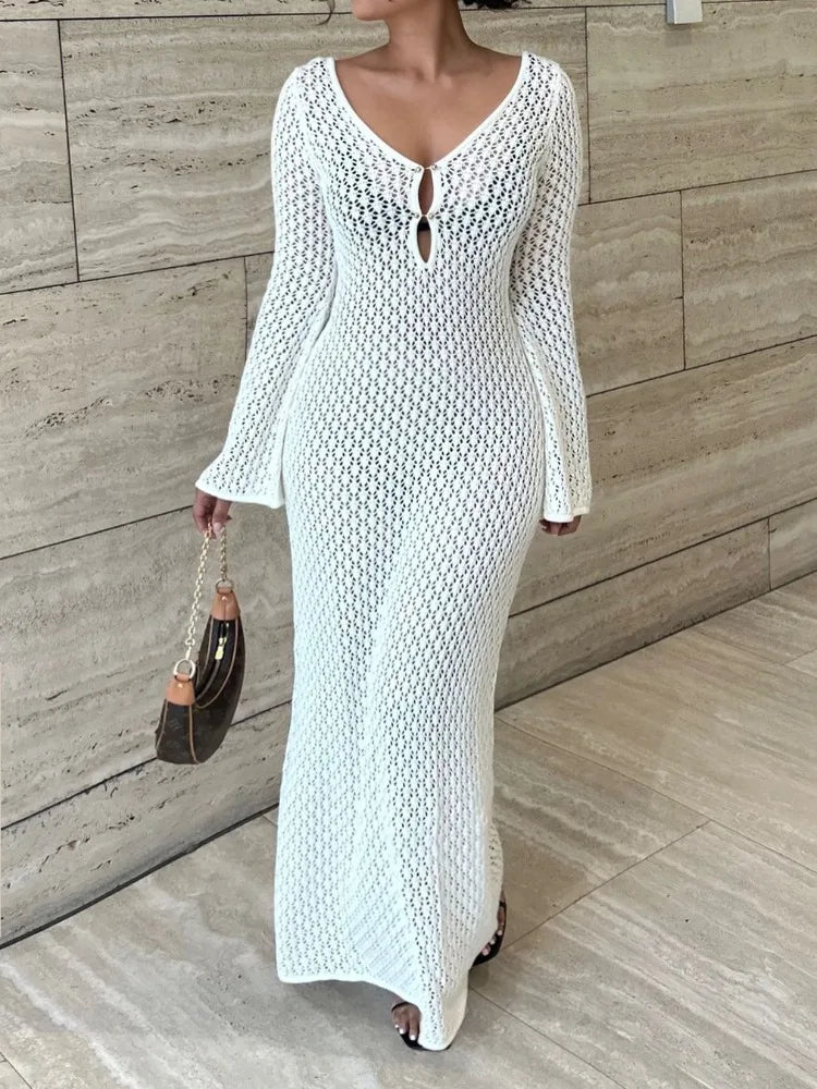 sheer resort dress White Strapless Crochet Maxi Dress | Sheer Knit Beach Cover Up | Designer Resort Wear Bodycon Summer Dress for Women