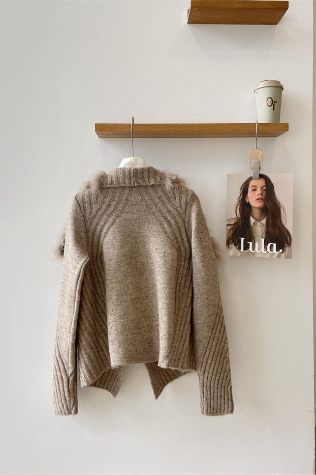 Diana Tricot Faux Fur Collar Ribbed Knit Cardigan
