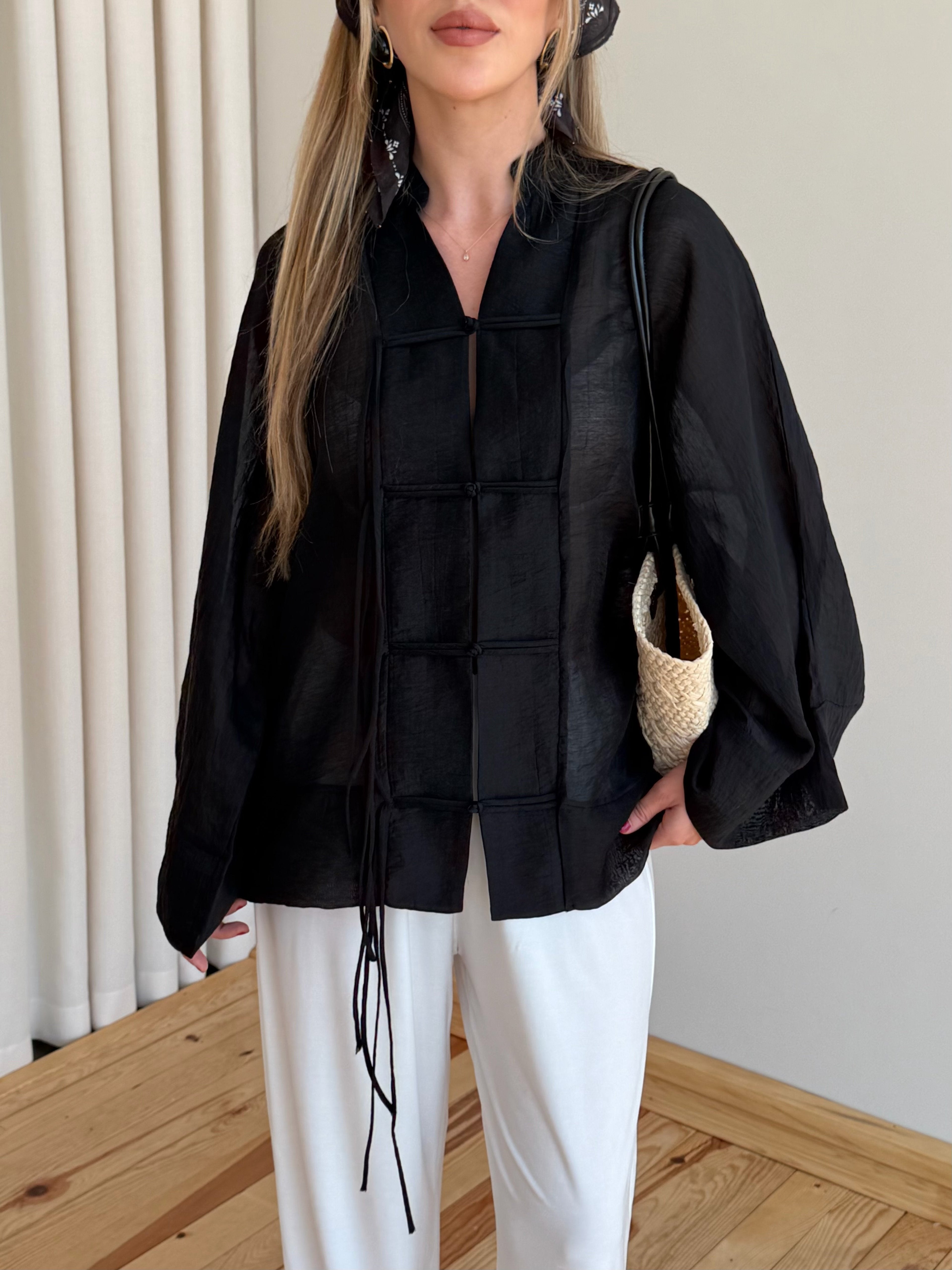 Ninon sheer kimono shirt in black