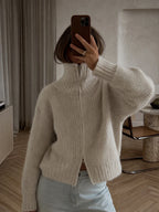 Sabine Zip-Up Knit Cardigan - Oatmeal