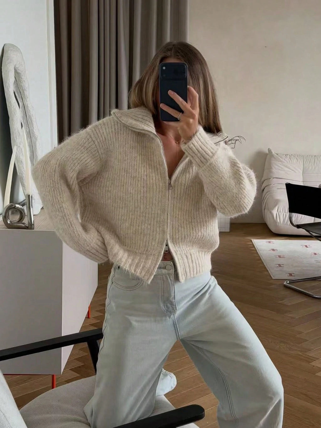 Sabine Zip-Up Knit Cardigan - Oatmeal