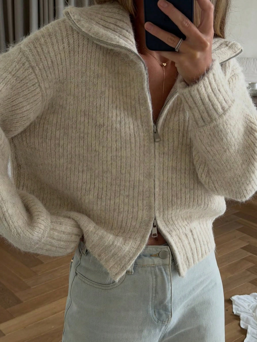 Sabine Zip-Up Knit Cardigan - Oatmeal