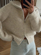 Sabine Zip-Up Knit Cardigan - Oatmeal