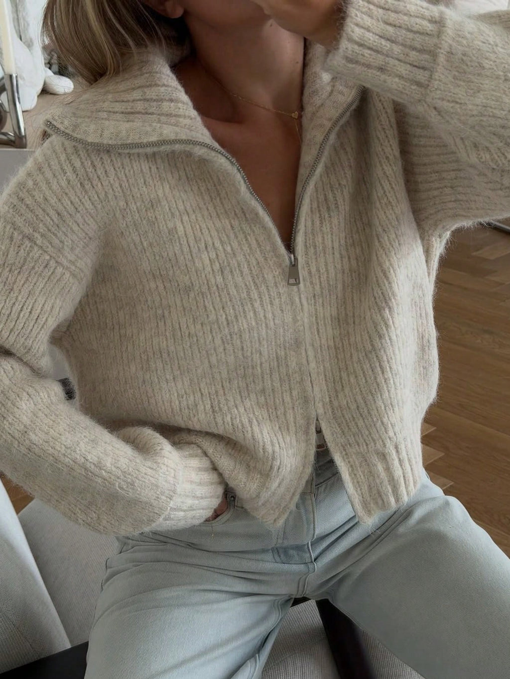 Sabine Zip-Up Knit Cardigan - Oatmeal