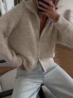 Sabine Zip-Up Knit Cardigan - Oatmeal