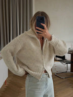 Sabine Zip-Up Knit Cardigan - Oatmeal