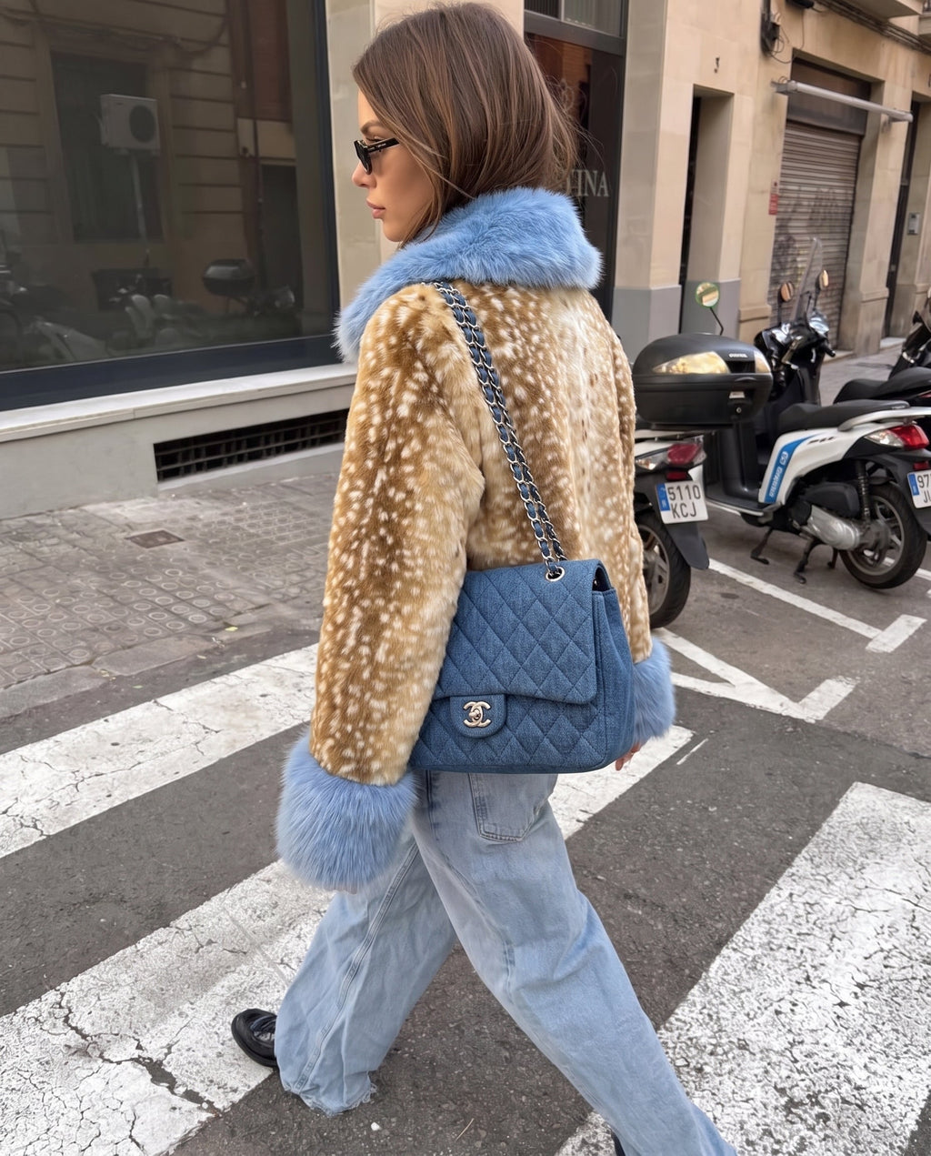 Ferryhill Bambi Blue Jacket walking, side view