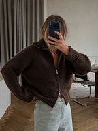 Sabine Zip-Up Knit Cardigan - Mocha