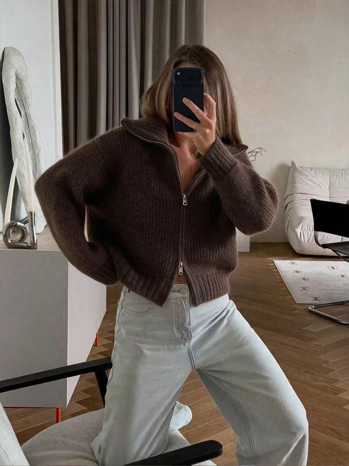 Sabine Zip-Up Knit Cardigan - Mocha