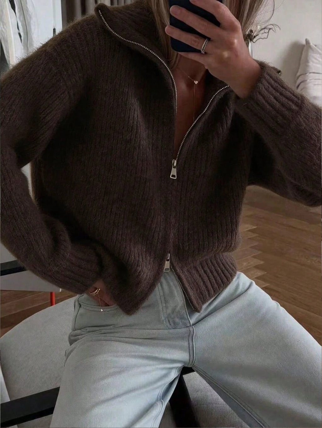 Sabine Zip-Up Knit Cardigan - Mocha