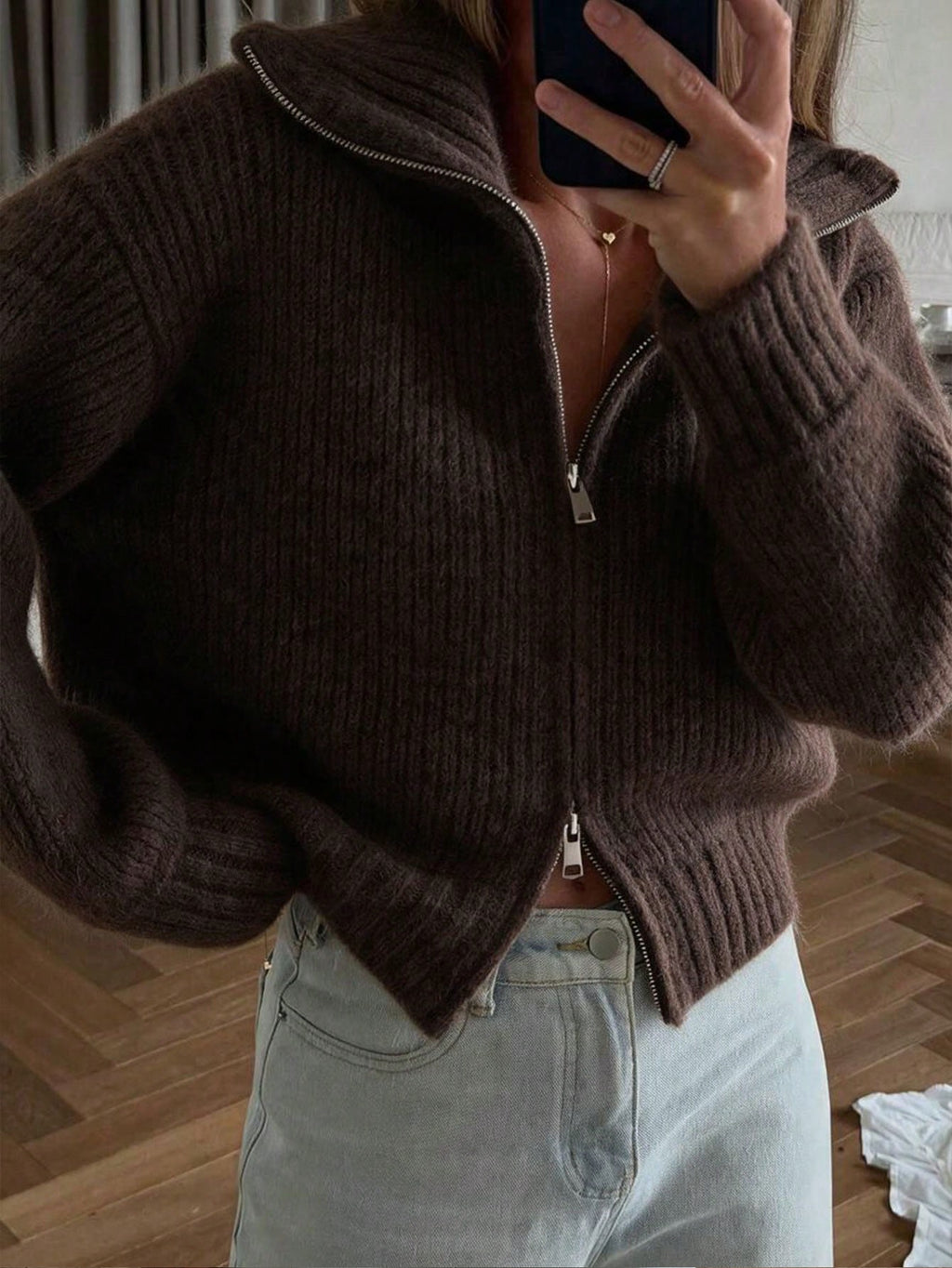 Sabine Zip-Up Knit Cardigan - Mocha