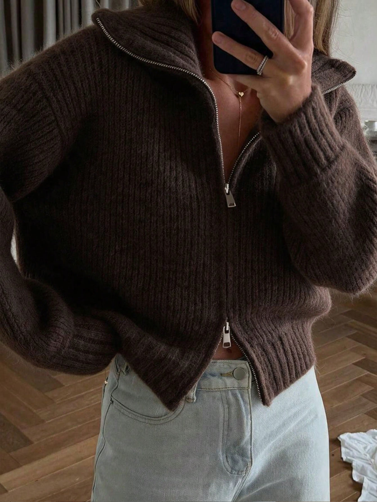 Sabine Zip-Up Knit Cardigan - Mocha