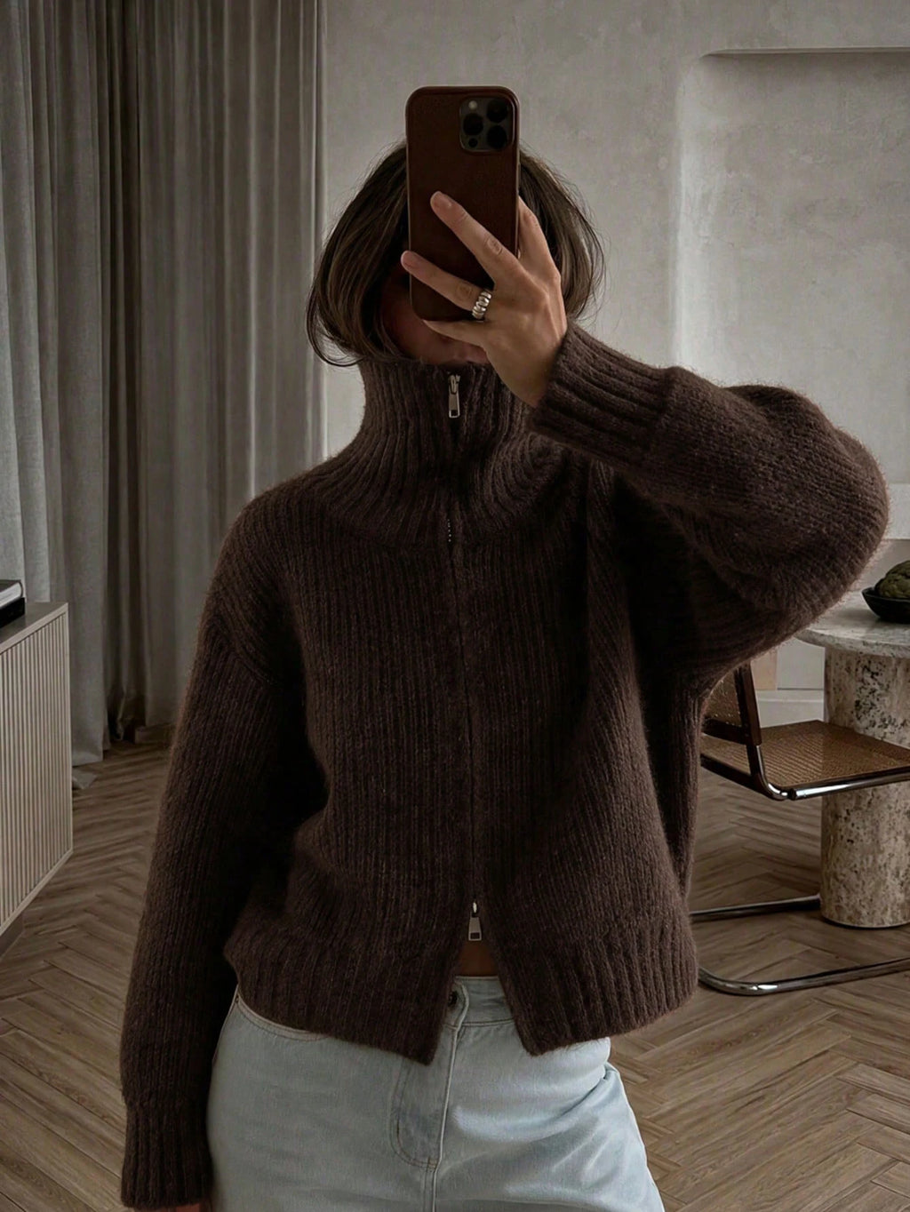 Sabine Zip-Up Knit Cardigan - Mocha