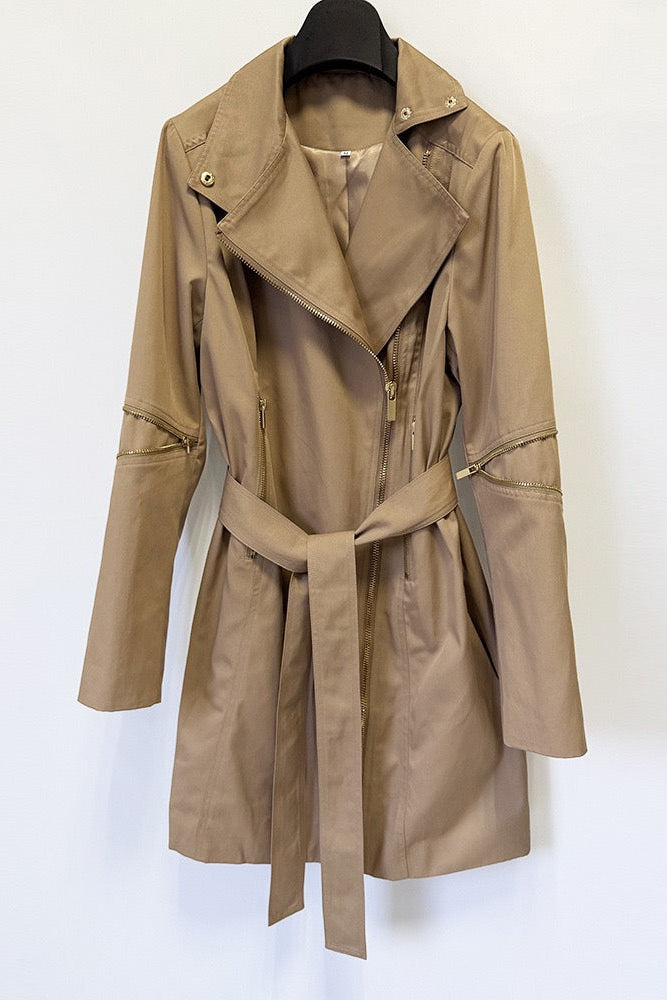Vintage Century Belted Zip-Detail Long Trench in Khaki