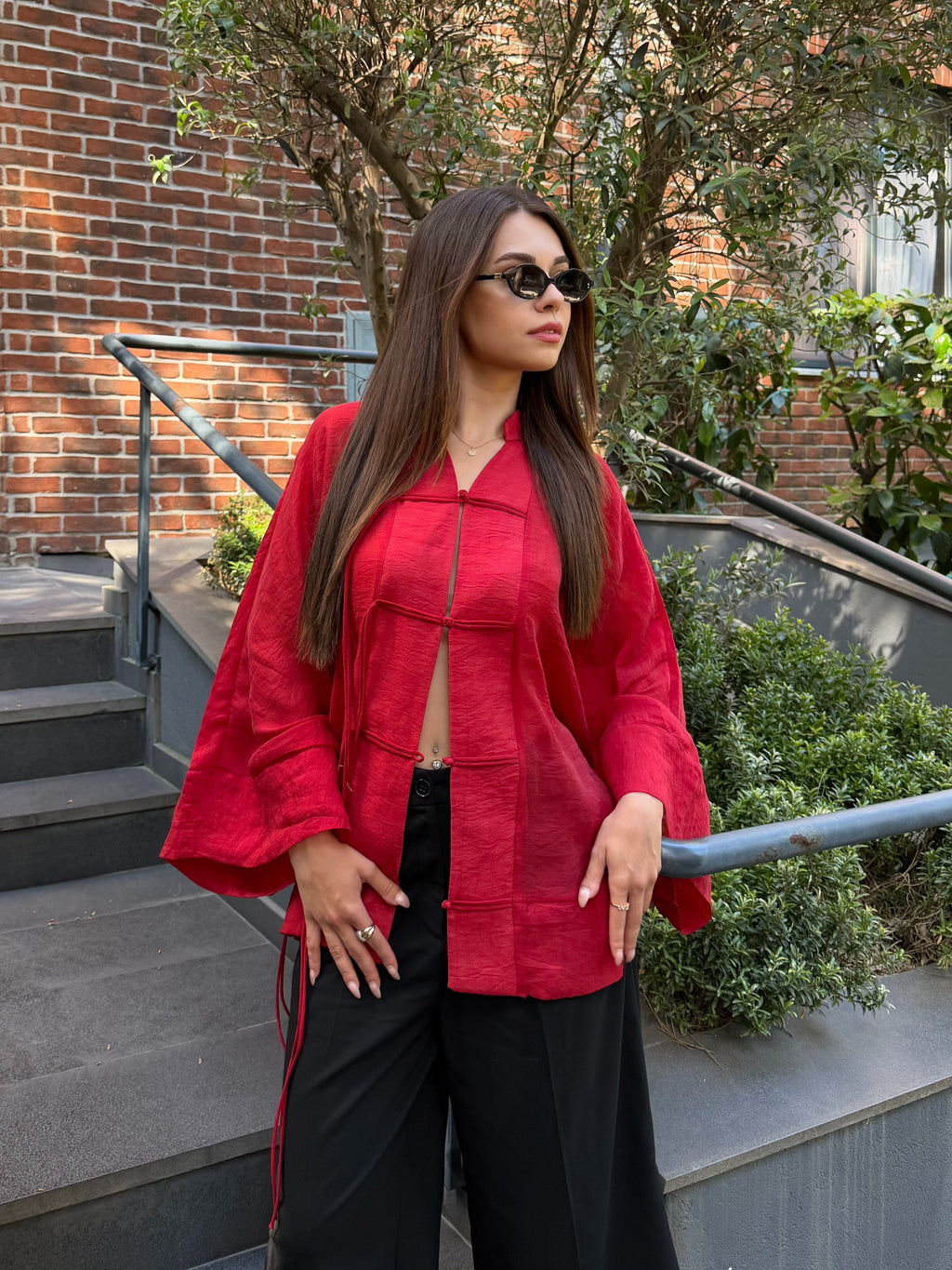 Ninon sheer kimono shirt in red detail