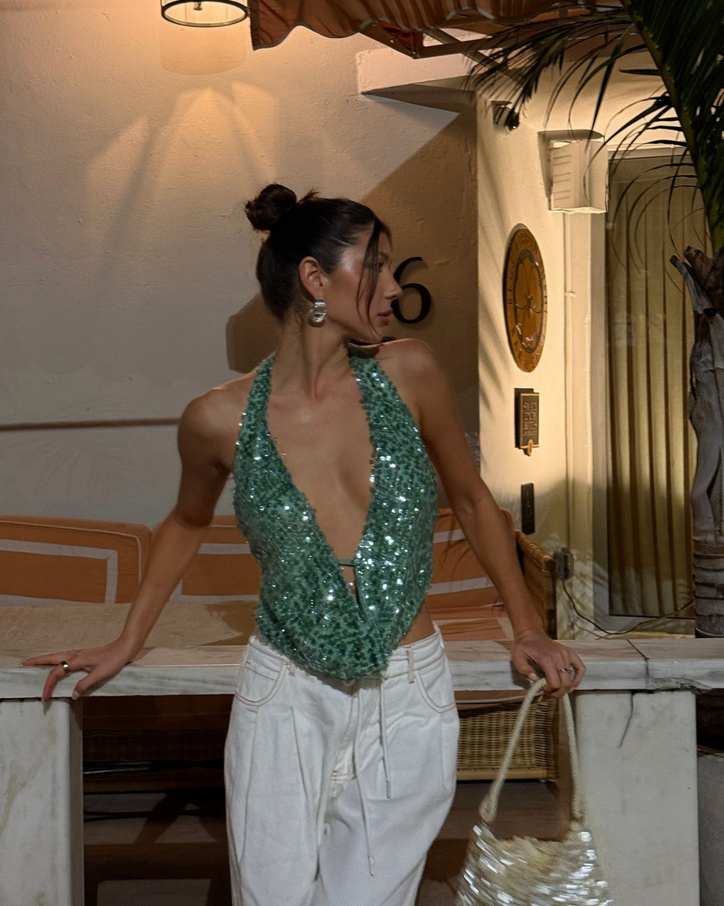 Mach & Aliza Sequin Halter Top