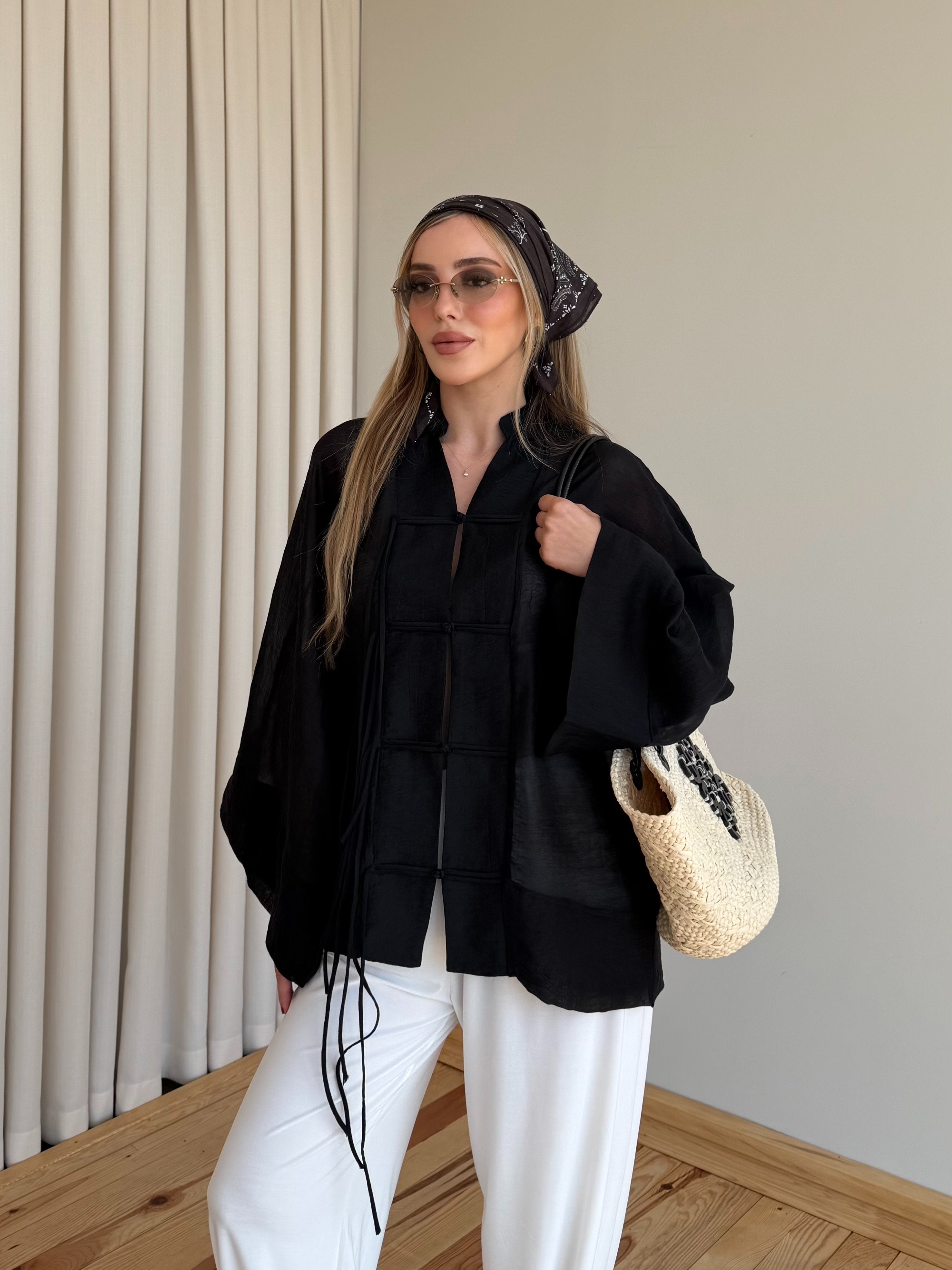 Ninon sheer kimono shirt in black
