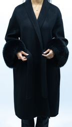 Diana Tricot Faux Fur Cuff Belted Wool Coat - Long in Black
