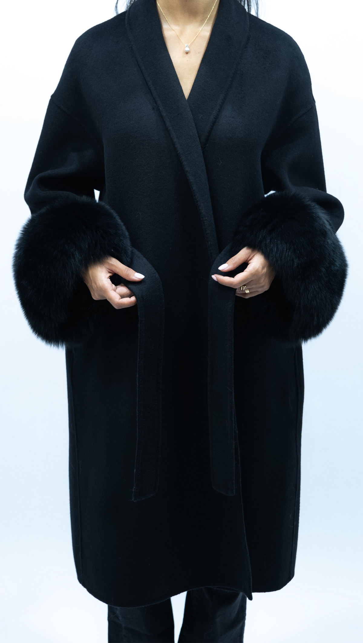 Diana Tricot Faux Fur Cuff Belted Wool Coat - Long in Black