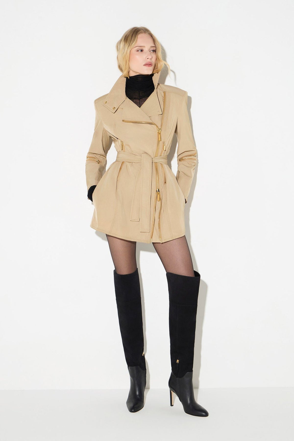 Vintage Century Belted Zip-Detail Long Trench in Khaki