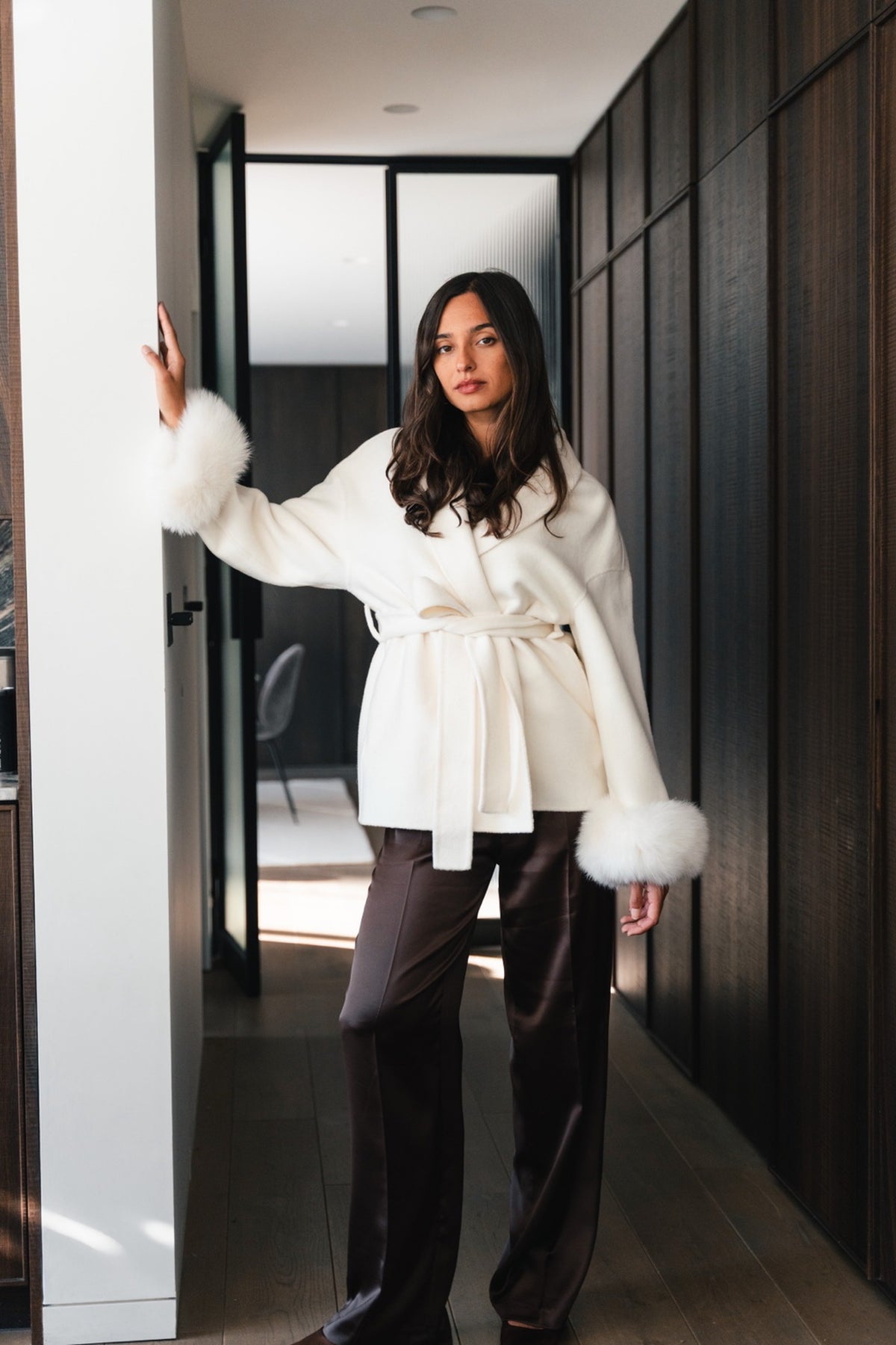 Diana Tricot Faux Fur Cuff Belted Wool Coat in White - editorial