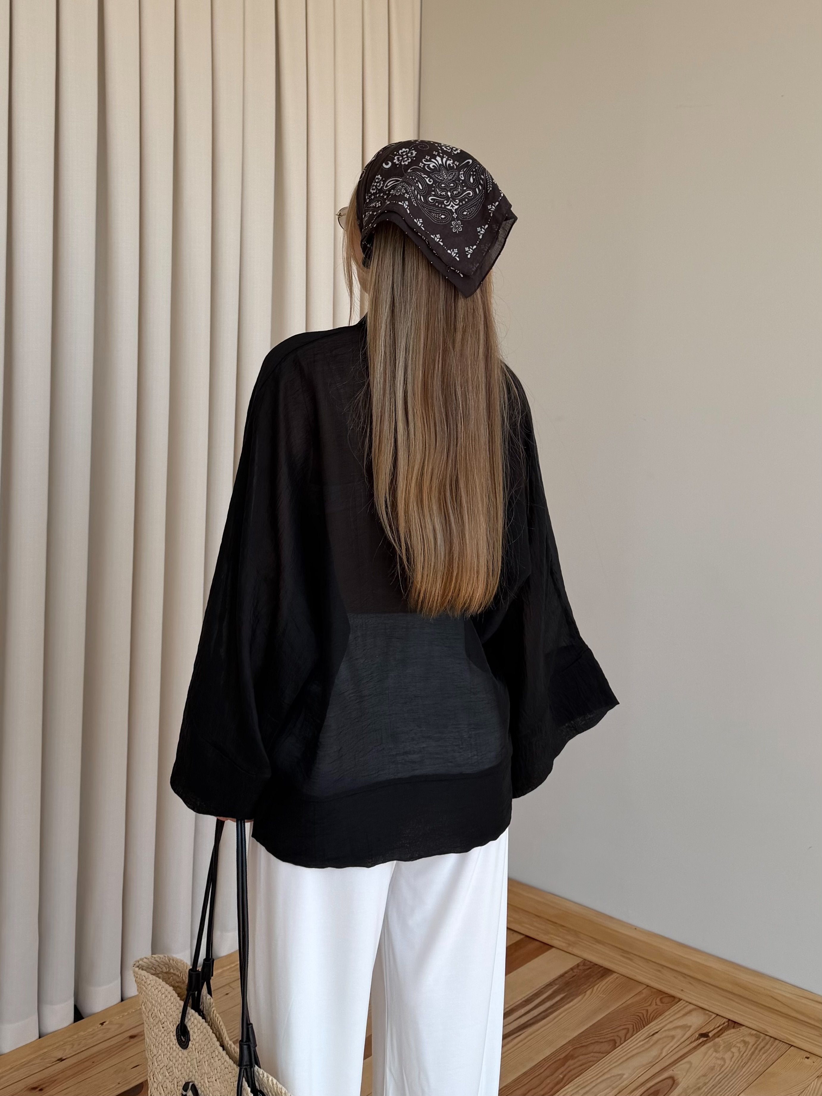 Ninon sheer kimono shirt in black