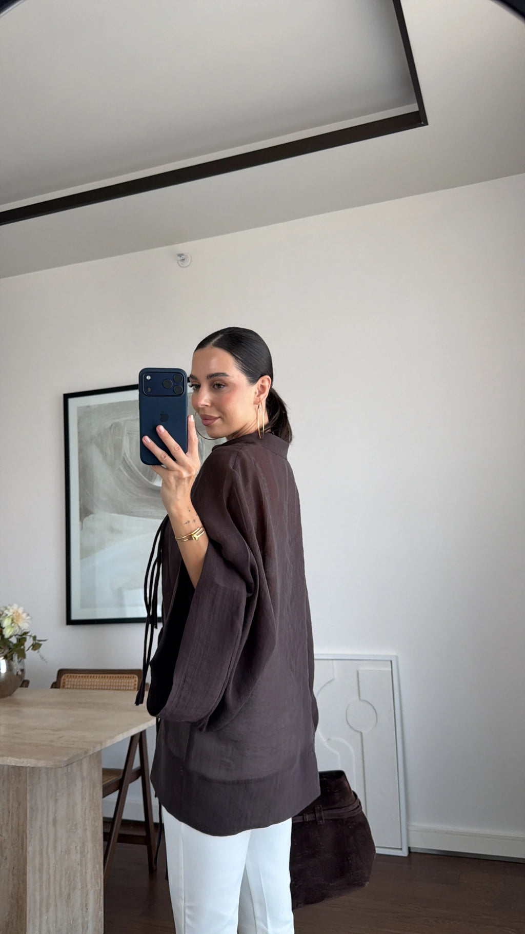 Ninon sheer kimono shirt in camel