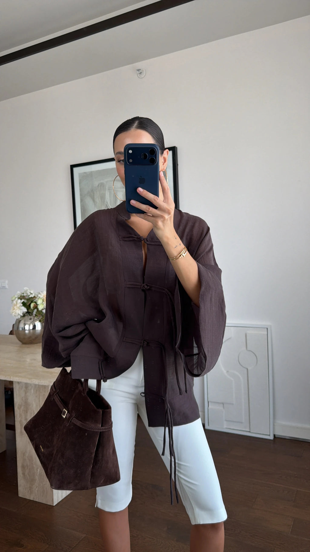Ninon sheer kimono shirt in camel
