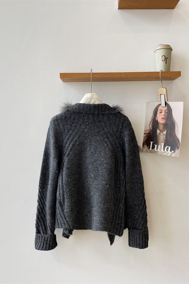 Diana Tricot Faux Fur Collar Ribbed Knit Cardigan