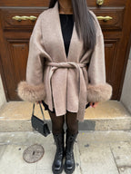 Diana Tricot Faux Fur Cuff Belted Wool Coat in Khaki