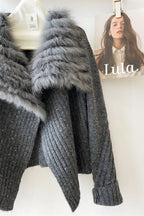 Diana Tricot Faux Fur Collar Ribbed Knit Cardigan