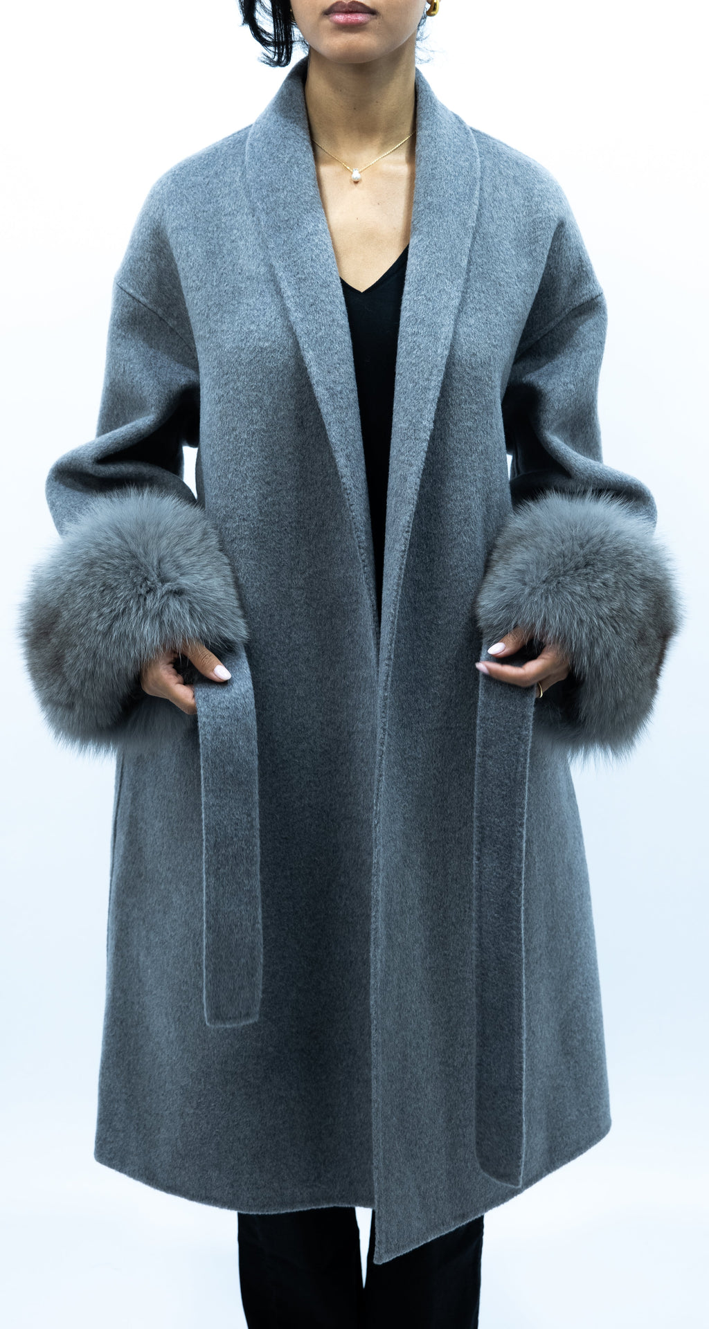 Diana Tricot Faux Fur Cuff Belted Wool Coat - Long in Gray