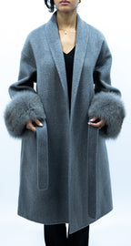 Diana Tricot Faux Fur Cuff Belted Wool Coat - Long in Gray