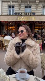 Ferryhill Faux Fur Bomber Jacket at a Paris cafe
