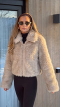 Ferryhill Faux Fur Bomber Jacket in beige, front