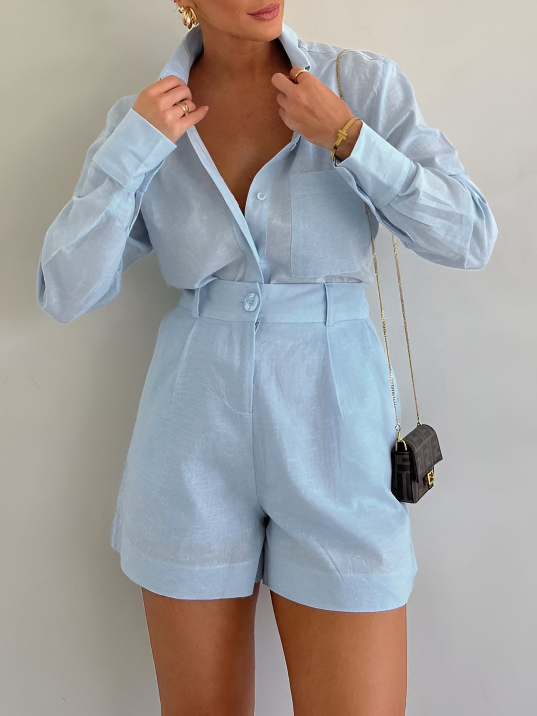 Powder Blue High-Waist Shorts Set