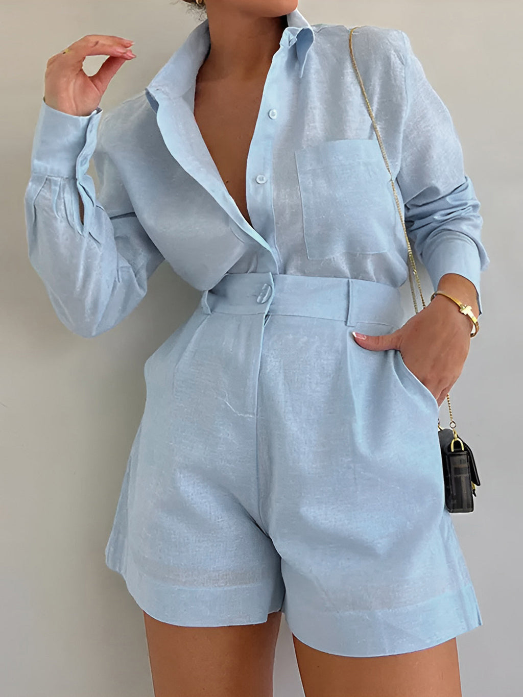Powder Blue High-Waist Shorts Set