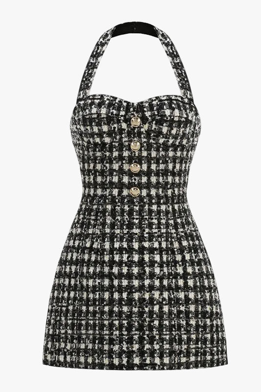 Béatrice Tweed Halter Button Mini Dress