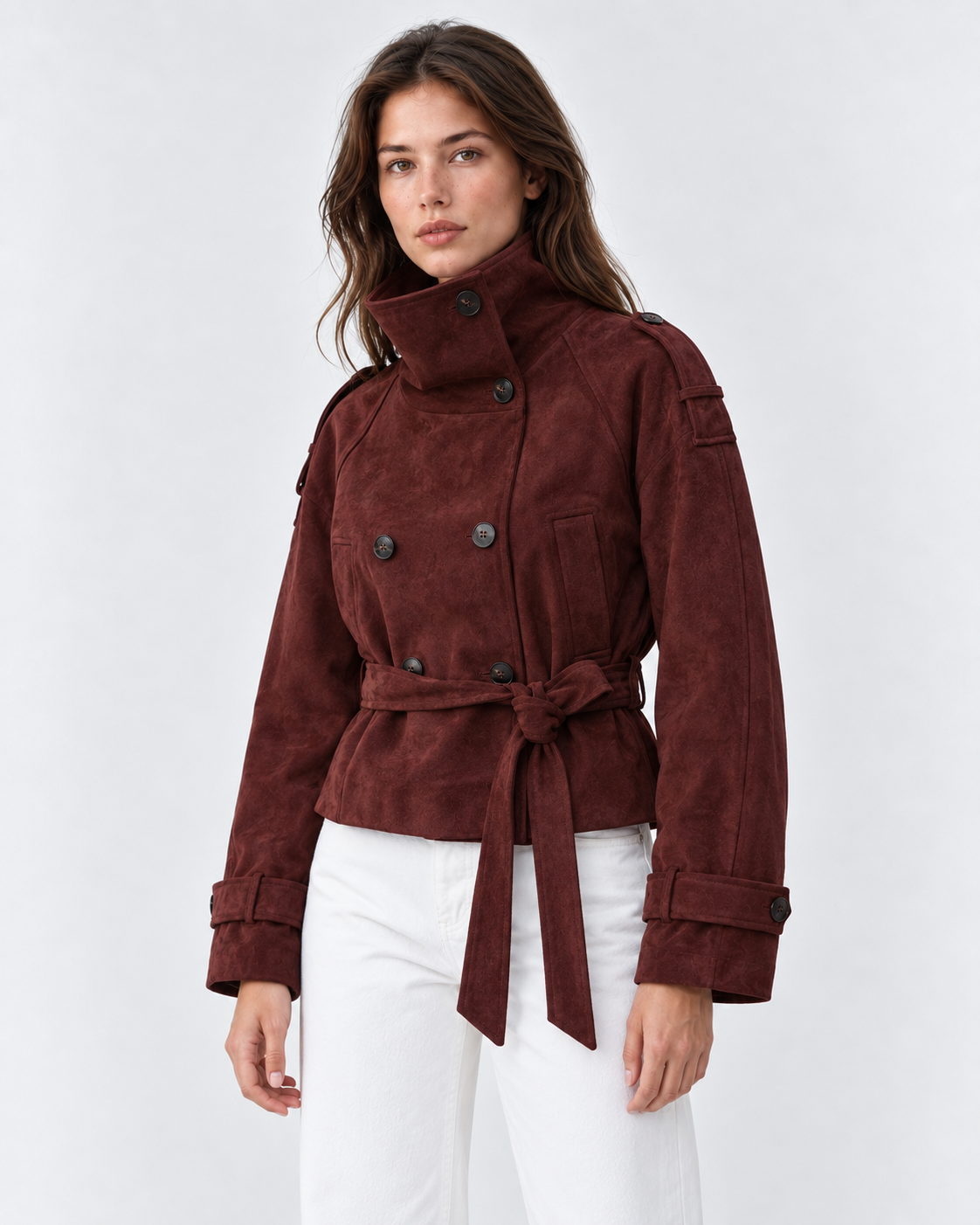 Banbury Suede Belted Funnel-Neck Jacket in Burgundy
