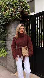 Banbury Suede Belted Funnel-Neck Jacket in Burgundy