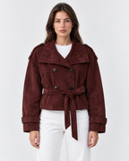 Banbury Suede Belted Funnel-Neck Jacket in Burgundy