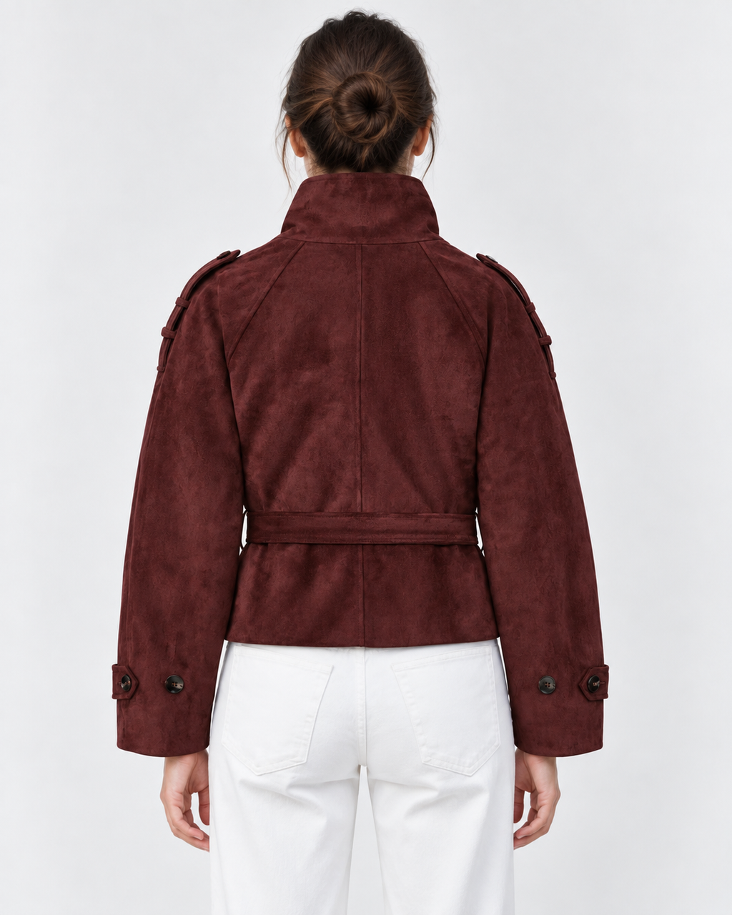Banbury Suede Belted Funnel-Neck Jacket in Burgundy