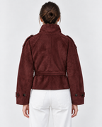 Banbury Suede Belted Funnel-Neck Jacket in Burgundy