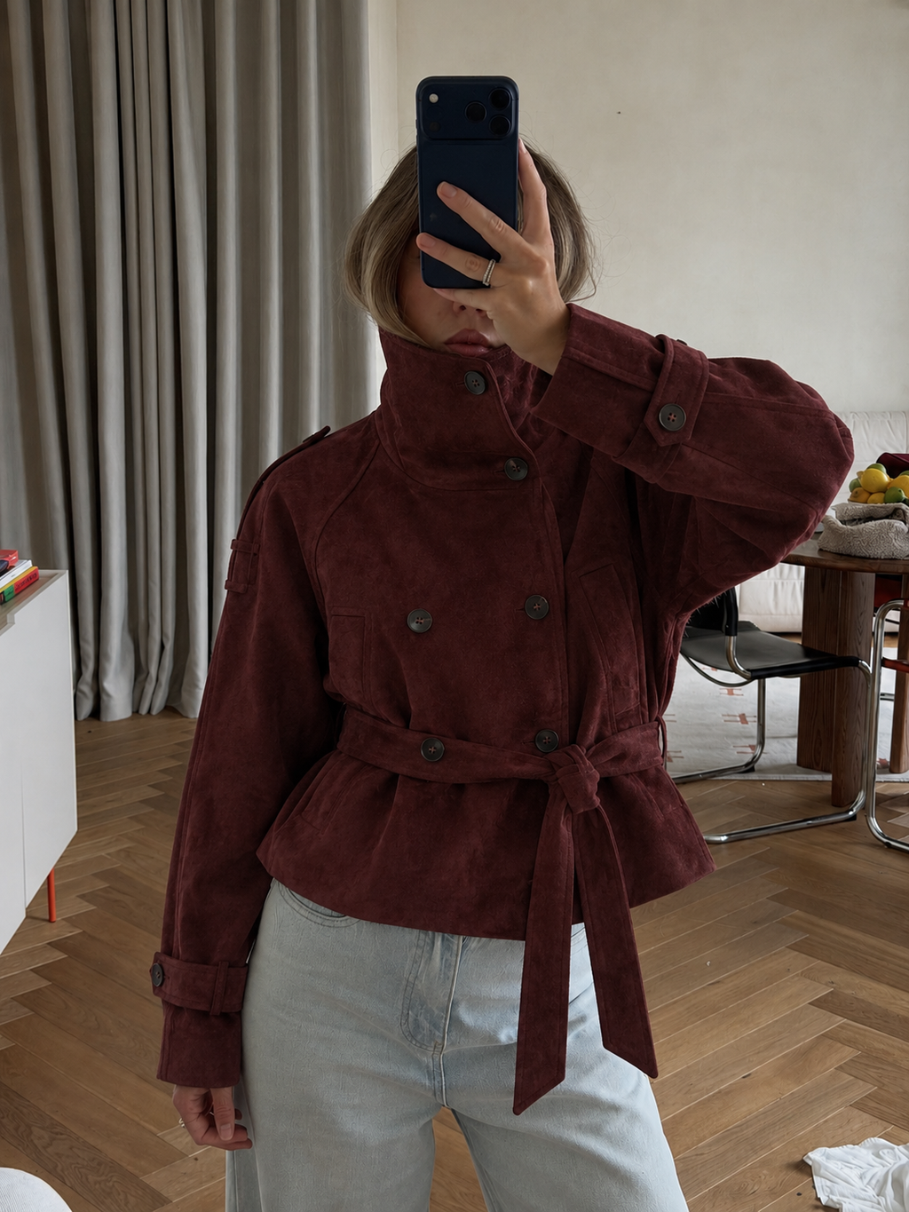 Banbury Suede Belted Funnel-Neck Jacket in Burgundy