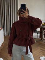 Banbury Suede Belted Funnel-Neck Jacket in Burgundy