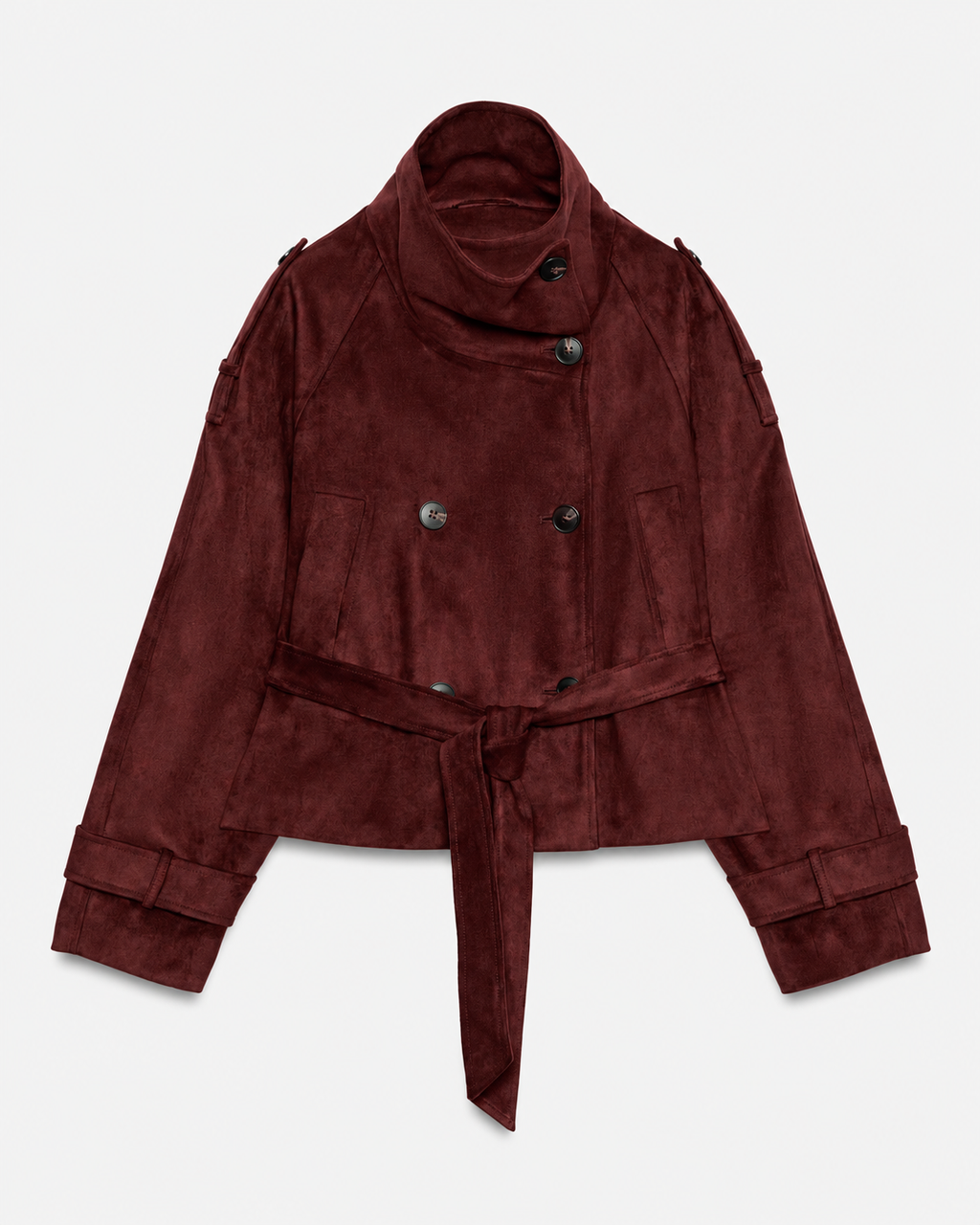 Banbury Suede Belted Funnel-Neck Jacket in Burgundy