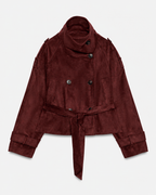 Banbury Suede Belted Funnel-Neck Jacket in Burgundy